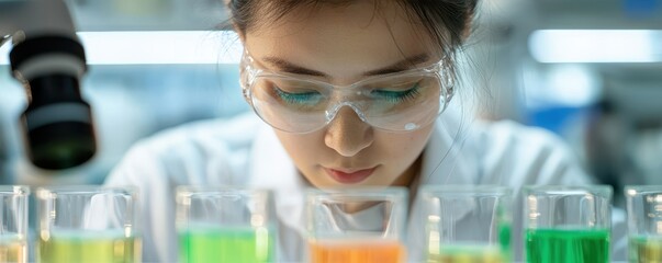 A focused scientist examines colorful liquids in laboratory glassware, wearing safety goggles and a lab coat, highlighting the importance of research and experimentation.