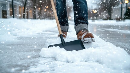 A hand grips a snow shovel, moving fresh white snow from the sidewalk during winter cleaning efforts on a snowy day