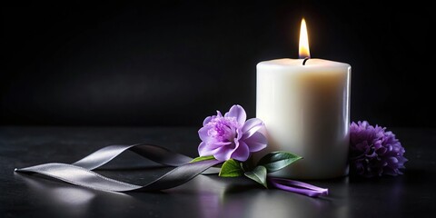Close-up white burning candle with black ribbon and light purple flower on black background