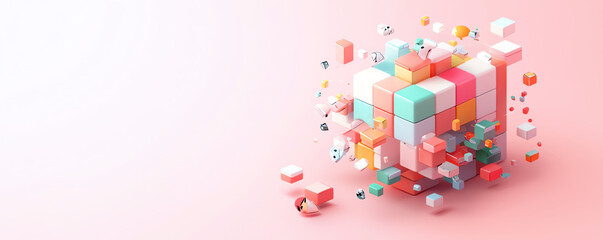3D cube turning into abstract art, creative transformation, flat design illustration