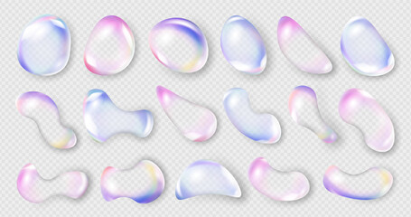 Transparent liquid drop, soap water bubble, fluid shape and shiny glass or mirror ball with 3D iridescent rainbow gradient color and holographic effect. Glossy crystal air water bubble icon with light