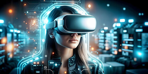 Professional Woman VR Headset Virtual Reality Technology Modern Workplace Plain Background Copy Space Image for Advertising Stock Photo Concept
