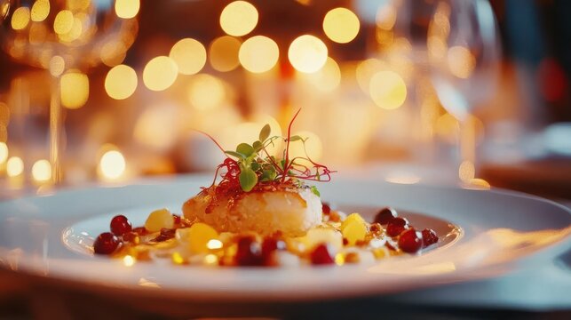 close-up of an exquisite gourmet dish garnished artfully, with soft bokeh lights of an elegant restaurant in the background, enhancing the luxurious dining experience