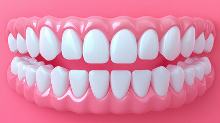 Fototapeta premium 3d render of jaw with teeth on pink background. Dentistry concept