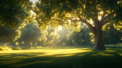 Obraz premium Majestic oak tree in a lush green park with dappled sunlight filtering through leaves, vibrant foliage, and a peaceful garden setting, captured in high-resolution with rich colors.
