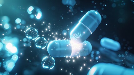 Blue pill glow. A blue pill glows with a bright light, representing a breakthrough or innovation. The abstract background suggests the potential for healing or transformation.