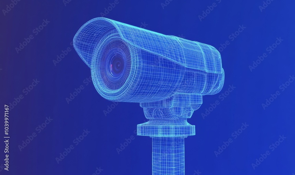 Wall mural a low polygon cctv security camera wireframe mesh displayed on a blue background