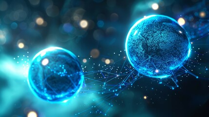 Obraz premium Abstract blue spheres. Two glowing blue spheres connected by a network of lines, symbolizing connection and technological advancement.