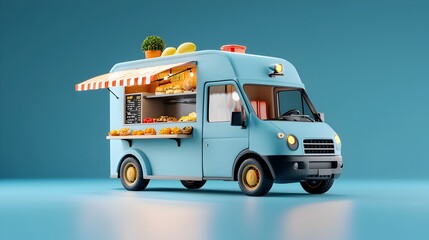 Gourmet food truck with a modern sleek design serving up fusion street food and culinary specialties in a bustling city environment 3D digital