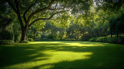 Naklejka premium Majestic oak tree in a lush green park with dappled sunlight filtering through leaves, vibrant foliage, and a peaceful garden setting, captured in high-resolution with rich colors.