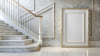 Close-Up white empty blank frame mockup marble staircase elegant handrails soft natural light