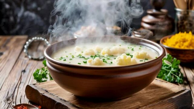 Cauliflower Soup: Blended cauliflower with garlic and onions for a creamy yet low-calorie option.