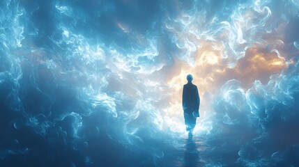 Fototapeta premium Conceptual illustration of oxygen therapy a person surrounded by swirling blue light symbolizing the benefits of purified air for enhanced health and recovery