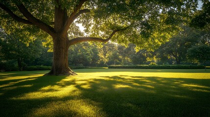 Fototapeta premium Majestic oak tree in a lush green park with dappled sunlight filtering through leaves, vibrant foliage, and a peaceful garden setting, captured in high-resolution with rich colors.