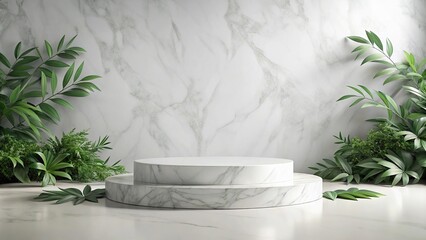 Close-up white marble box podium with decorative leaves on white background
