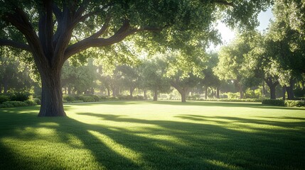 Majestic oak tree in a lush green park with dappled sunlight filtering through leaves, vibrant foliage, and a peaceful garden setting, captured in high-resolution with rich colors.