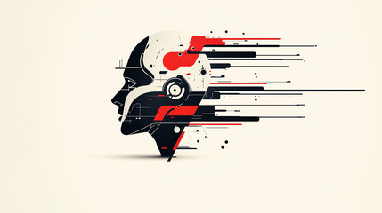 Robot transforming into a human head, artificial intelligence and creativity, flat design illustration