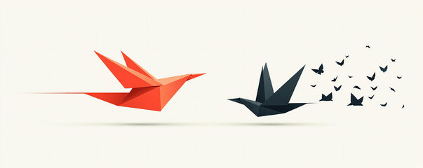 Origami bird turning into a real bird, imagination and transformation, flat design illustration