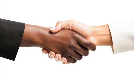 close-up of two professionals in formal attire shaking hands against a clean white background, capturing the essence of agreement and partnership in a polished and professional manner