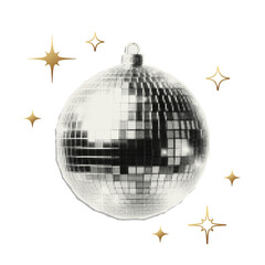 Shiny disco ball and gold stars with halftone effect. Vector cut out sticker. Trendy modern collage design element on transparent background.