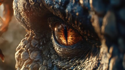 Naklejka premium close-up portrayal of a fierce dinosaur eye with intricate details, capturing the predatory essence and intensity, invoking awe and fascination with prehistoric life