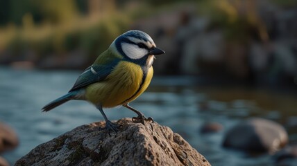 Obraz premium A blue tit perched on a rock by a river, with a blurred background of water and green foliage.