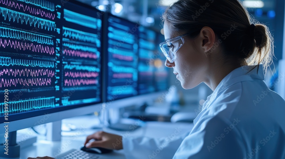 Poster a focused scientist analyzes data on multiple screens, illuminated by colorful graphs and charts in 