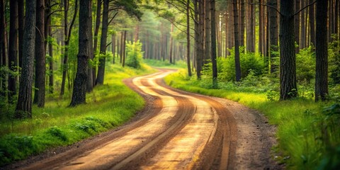Obraz premium Close-Up Winding Dirt Road Through a Peaceful Forest Landscape