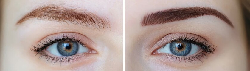 Obraz premium Close-up comparison of eyebrows before and after makeup transformation, highlighting eyebrow shaping and makeup effects.