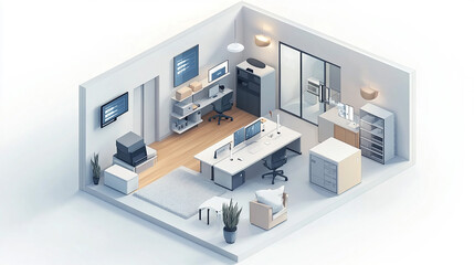 Isometric illustration of a smart office environment, highlighting the integration of modern technology and digital connectivity in workplace settings.