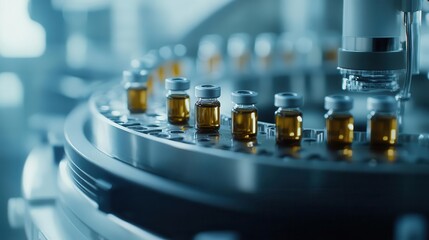 close-up shot of medical vials moving along a production line in a pharmaceutical factory, showcasing advanced machinery and high-tech equipment in a sterile environment