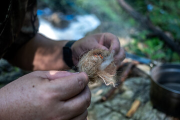 tinder from jute use with Charcoal cloth for flint and steel fire