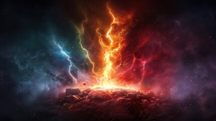 A vibrant cosmic explosion showcases a mix of fiery orange and cool blue hues against a dark backdrop, suggesting the birth of stars or energy.