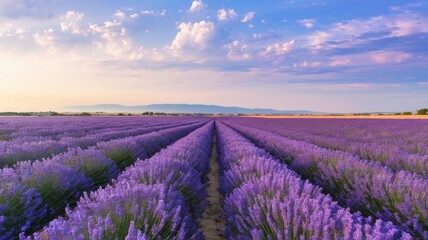 Naklejka premium K Ultra HD Lavender Field in Full Bloom Under Summer Sky
