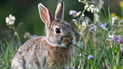 Fototapeta premium 4K Ultra HD Close-Up of Rabbit Munching on Grass Amid Wildflowers