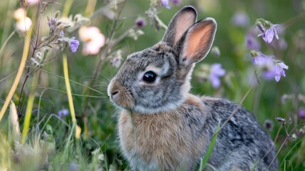 Fototapeta premium 4K Ultra HD Close-Up of Rabbit Munching on Grass Amid Wildflowers