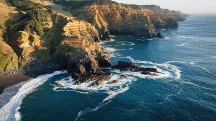 4K Ultra HD Drone View of Rugged Coastline with Dramatic Cliffs and Crashing Waves