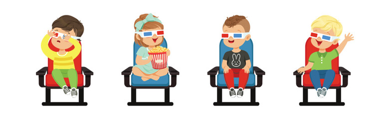 Cute Kids Character Watching Movie Sit on Chair in 3D Glasses Vector Set