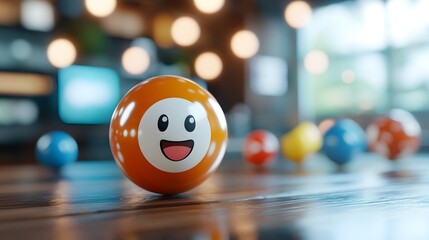 Sleek 3D Emoji Icon Sphere with Rotating Visual Symbols in Modern Digital Abstract 3D render of a sphere with various emoji style symbols in a stylish minimalist design