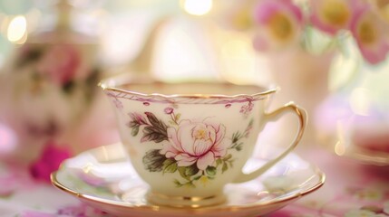 Fototapeta premium White cup with pink flowers on it sits on a saucer