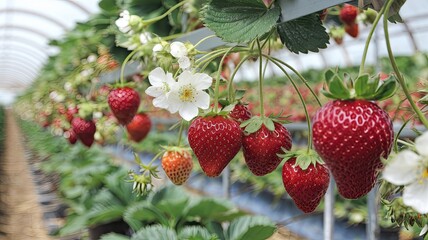 Ripe Strawberries on Vertical Farm with Flowers in Focus