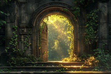 An ancient stone archway overgrown with vines leads to a hidden forest path with sunlight streaming through the trees.