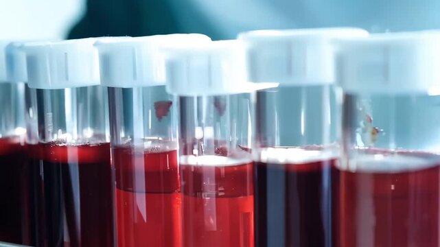 Many medicine tubes with dark red vein blood. Laboratory test sample. Medical research. Health care analysis. Human plasma in glass tube. Hospital clinic lab diagnostic. Hematology check concept.