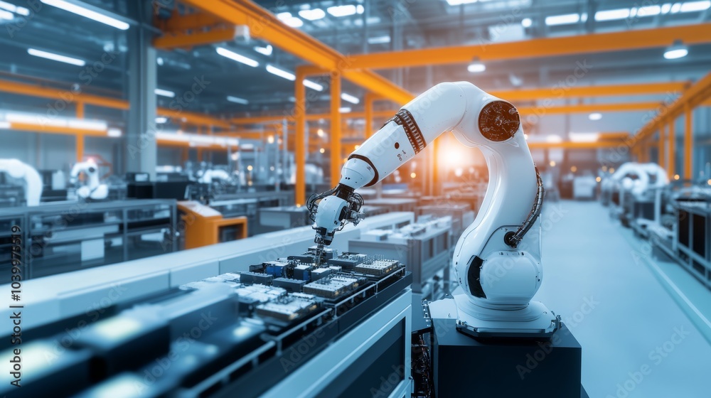 Poster A robot assembling complex electronic devices on a high-tech production floor, spacious and clean manufacturing area, Tech-savvy style