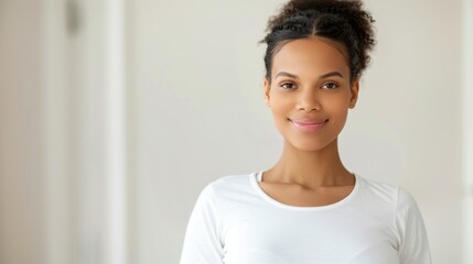 A smiling woman with curly hair in a white shirt stands confidently, exuding positivity in a bright, softly lit environment.