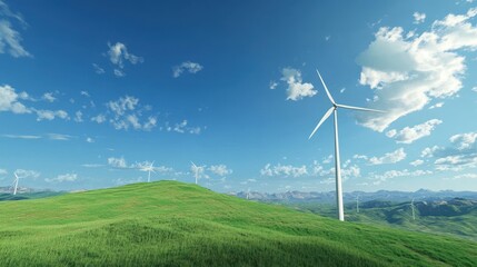 Fototapeta premium white wind turbine on green hill on blue summer sky. environmentally friendly electricity