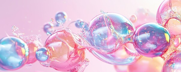 Vibrant abstract bubbles in pink and purple hues, showcasing translucent textures and dynamic fluidity against a soft pastel background.