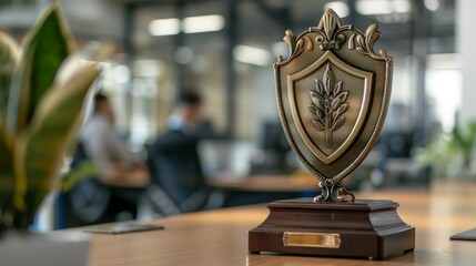 Award shield trophy. A bronze shield shaped award trophy, a symbol of achievement, success, and recognition. It is a perfect image to represent victory, winning, and accomplishment.
