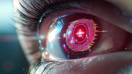 AI robot eye focusing on RGB pixel structure, visualizing the breakdown of red, green, and blue colors for data analysis