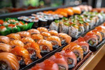 Colorful Assortment of Fresh Sushi Rolls and Nigiri on a Wooden Platter